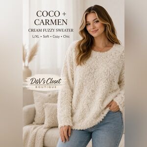 Coco + Carmen Cream Fuzzy Sweater L/XL Cozy Soft Oversized Lounge Chic